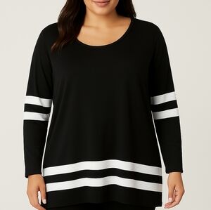 Roaman's Black and White Oversized 3/4 Sleeve Varsity Top Black White 1X